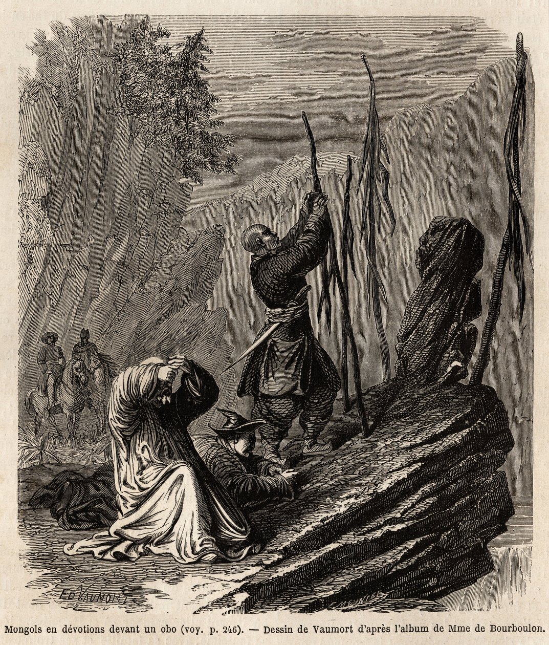 Mongolen in Andacht zu einem Obo, nahe den Bakka- und Mongolei-Bergen, Zeichnung von Vaumort zur Illustration der Reise von Shanghai nach Moskau von 1859 bis 1862 von M. de Bourboulon, französischer Minister in China. Gravur in 