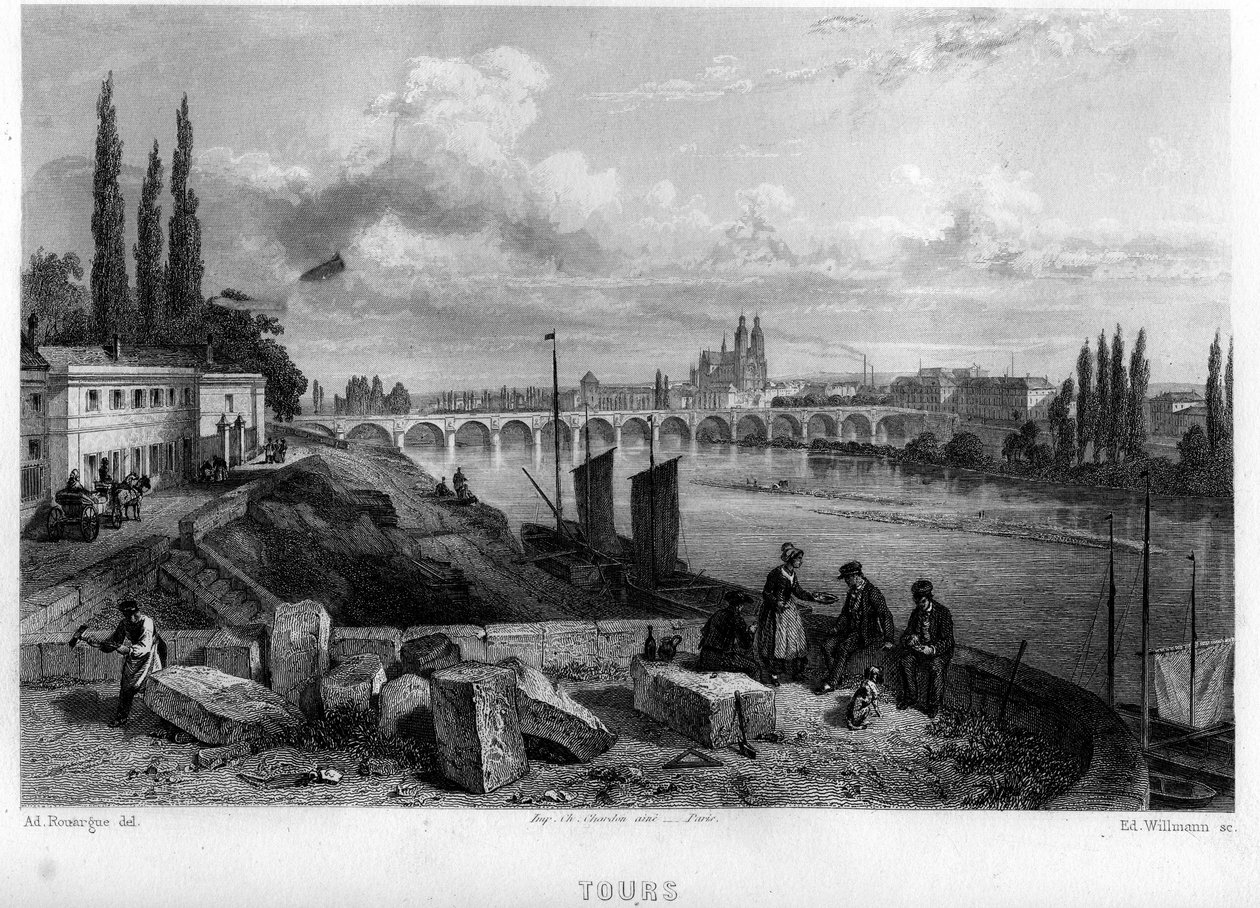 Stadtansicht von Tour, Indre-et-Loire (Indre et Loire), Centre, Frankreich. Gravur von Willmann in „La France ancienne et moderne“ von Jean-Bernard Mary-Lafon (Jean Bernard Mary Lafon) von Edouard Willmann