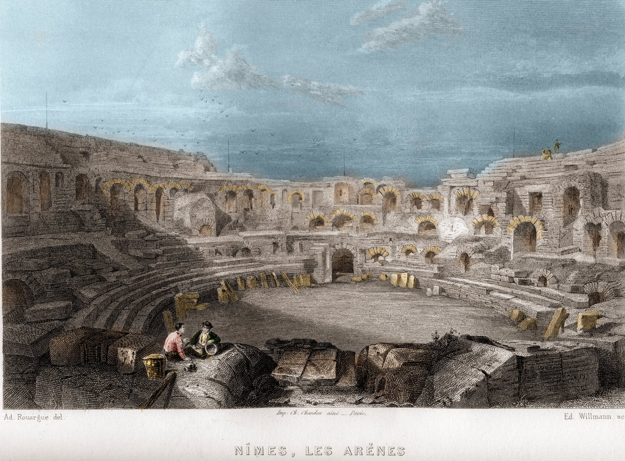 Die Arenen von Nimes, Gard, Languedoc-Roussillon, Frankreich. Gravur von Willmann in „La France ancienne et moderne“ von Jean-Bernard Mary-Lafon von Edouard Willmann