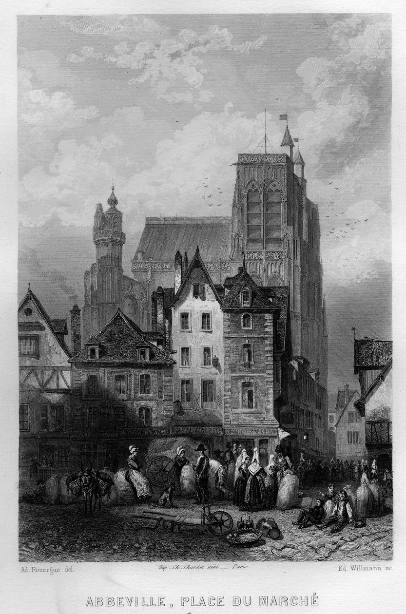 Marktplatz der Stadt Abeville, Somme, Picardie, Frankreich. Gravur von Willmann in „La France ancienne et moderne“ von Jean-Bernard Mary-Lafon von Edouard Willmann