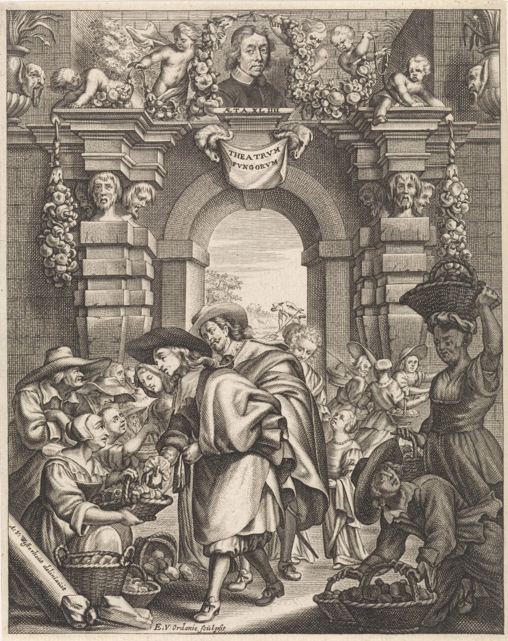 Zwei Herren kaufen Pilze auf dem Markt von Edouard van Ordonie