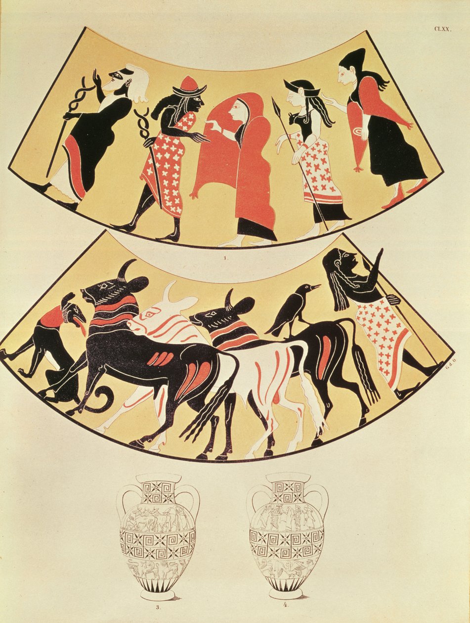 Entwürfe von einer etruskischen Vase, die eine Prozession von Priestern und das Abstecken der Grenzen einer neuen Stadt mit einem von Ochsen gezogenen Pflug darstellt von Eduard Gerhardt