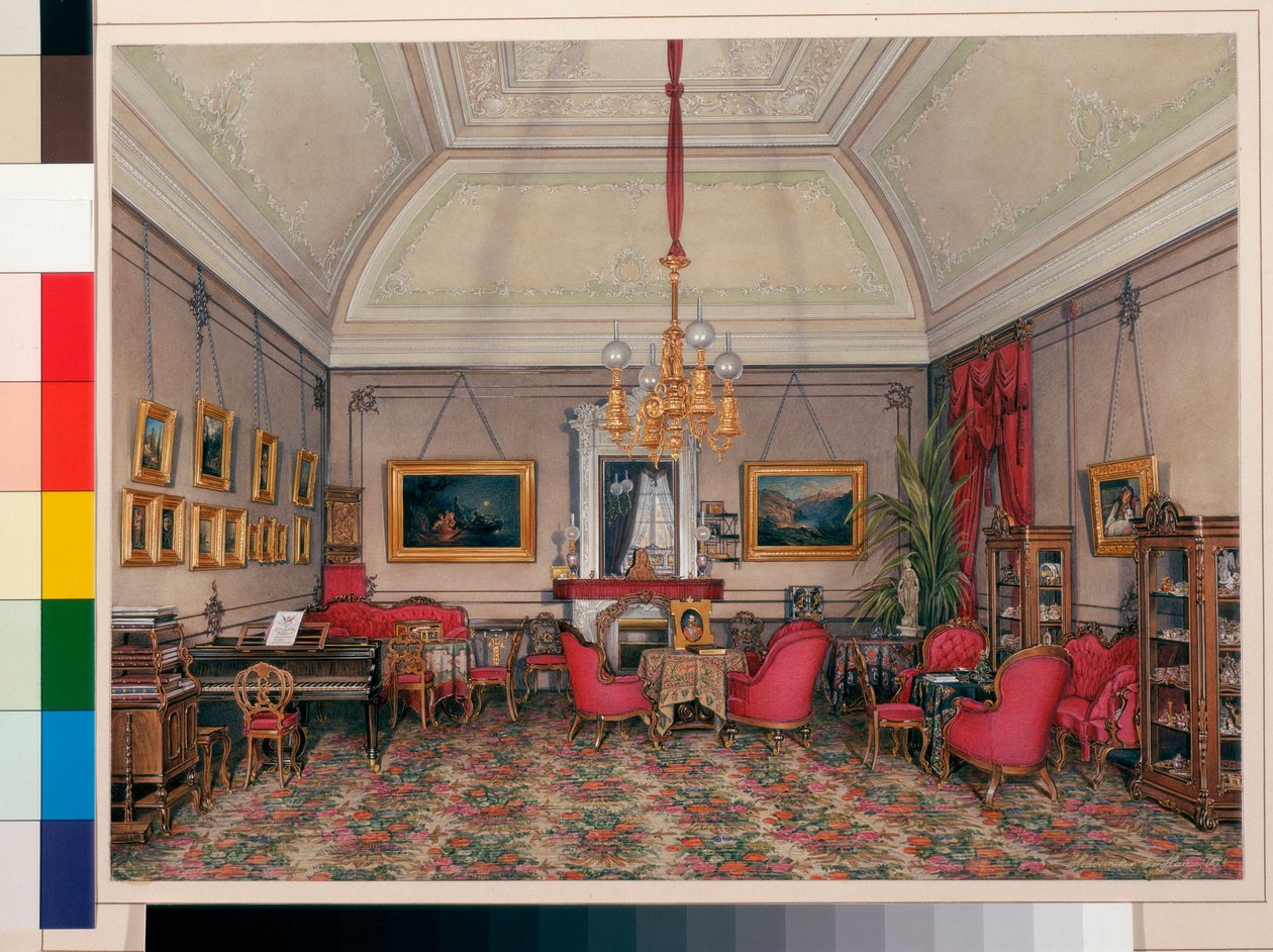 Interieur des Winterpalastes: Das fünfte reservierte Apartment - Das Wohnzimmer von Großfürstin Maria Alexandrowna von Eduard Hau