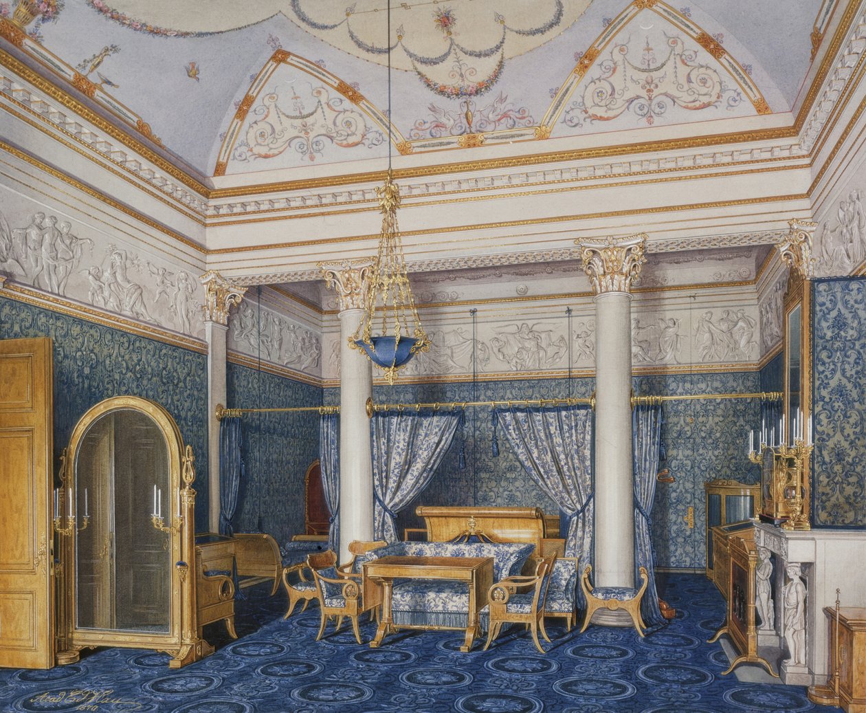 Innenräume des Winterpalastes. Das Schlafzimmer von Kaiserin Alexandra Fjodorowna, 1870 von Eduard Hau