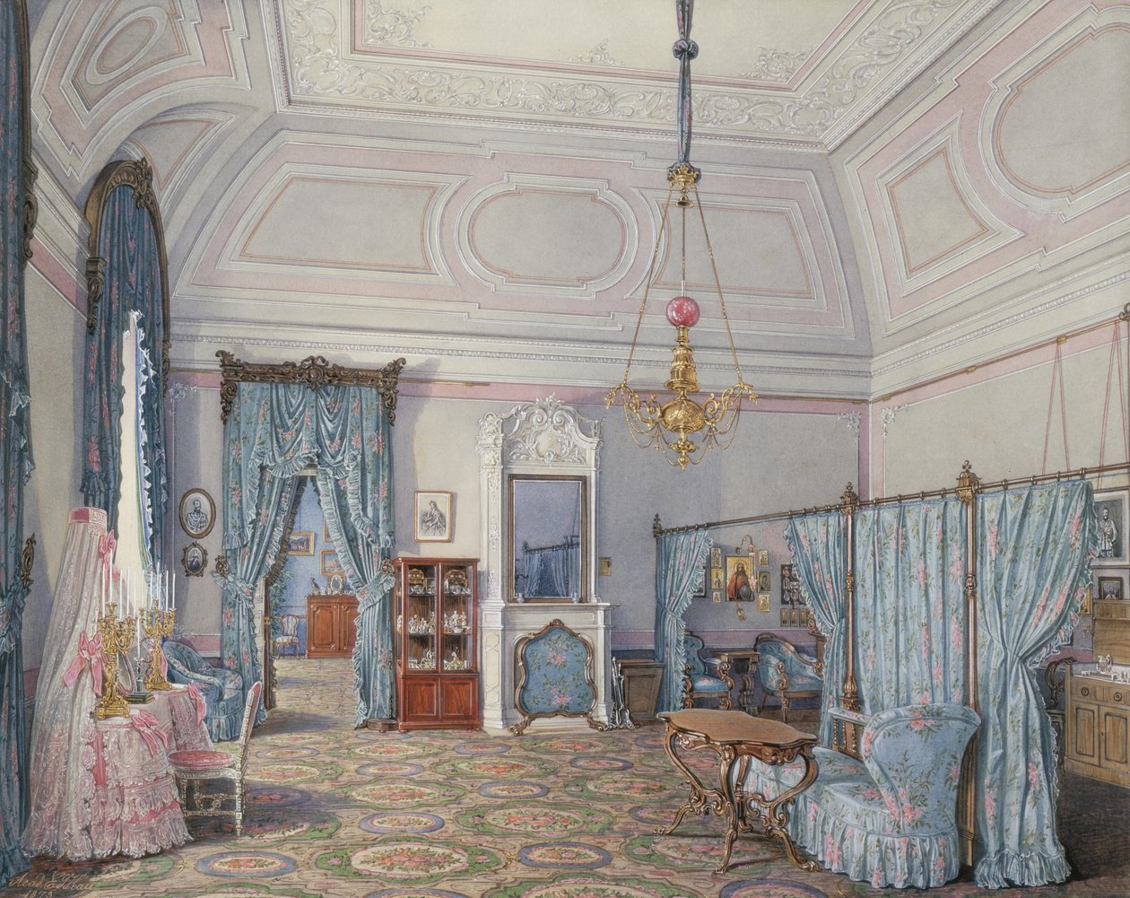 Innenräume des Winterpalastes. Das fünfte reservierte Apartment. Das Schlafzimmer der Großprinzessin Maria Alexandrowna, 1873 von Eduard Hau