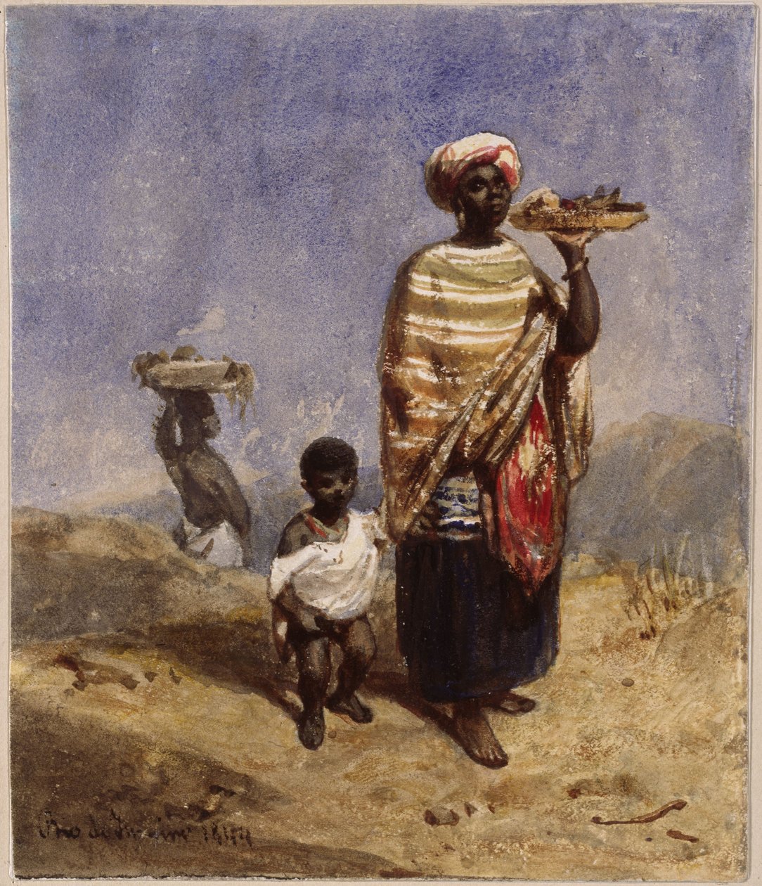 Eine Afrobrasilianerin, an der rechten Hand einen kleinen Knaben führend, mit der linken eine Fruchtschale stemmend von Eduard Hildebrandt