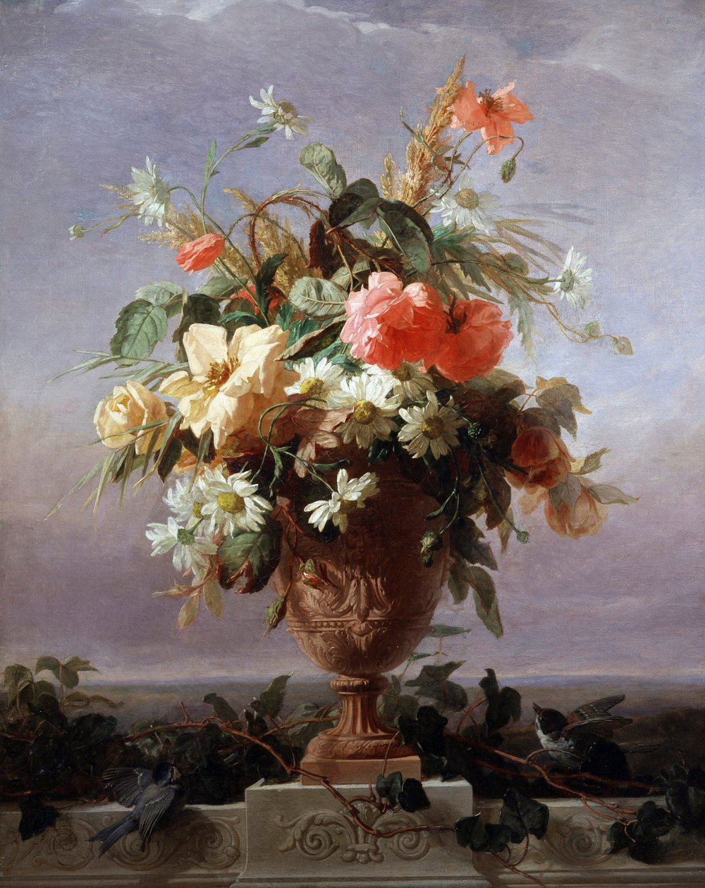 Elegante Blumenvase auf einem Sims. Gemälde von Eduard Müller (1823-1876) Privatsammlung von Eduard Muller