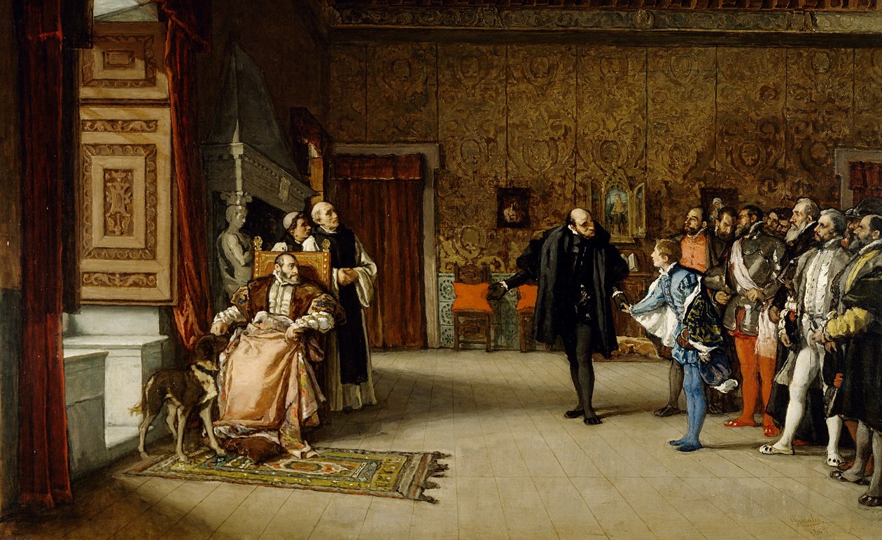 Juan de Austrias Vorstellung bei Kaiser Karl V. in Yuste, 1869 von Eduardo Rosales