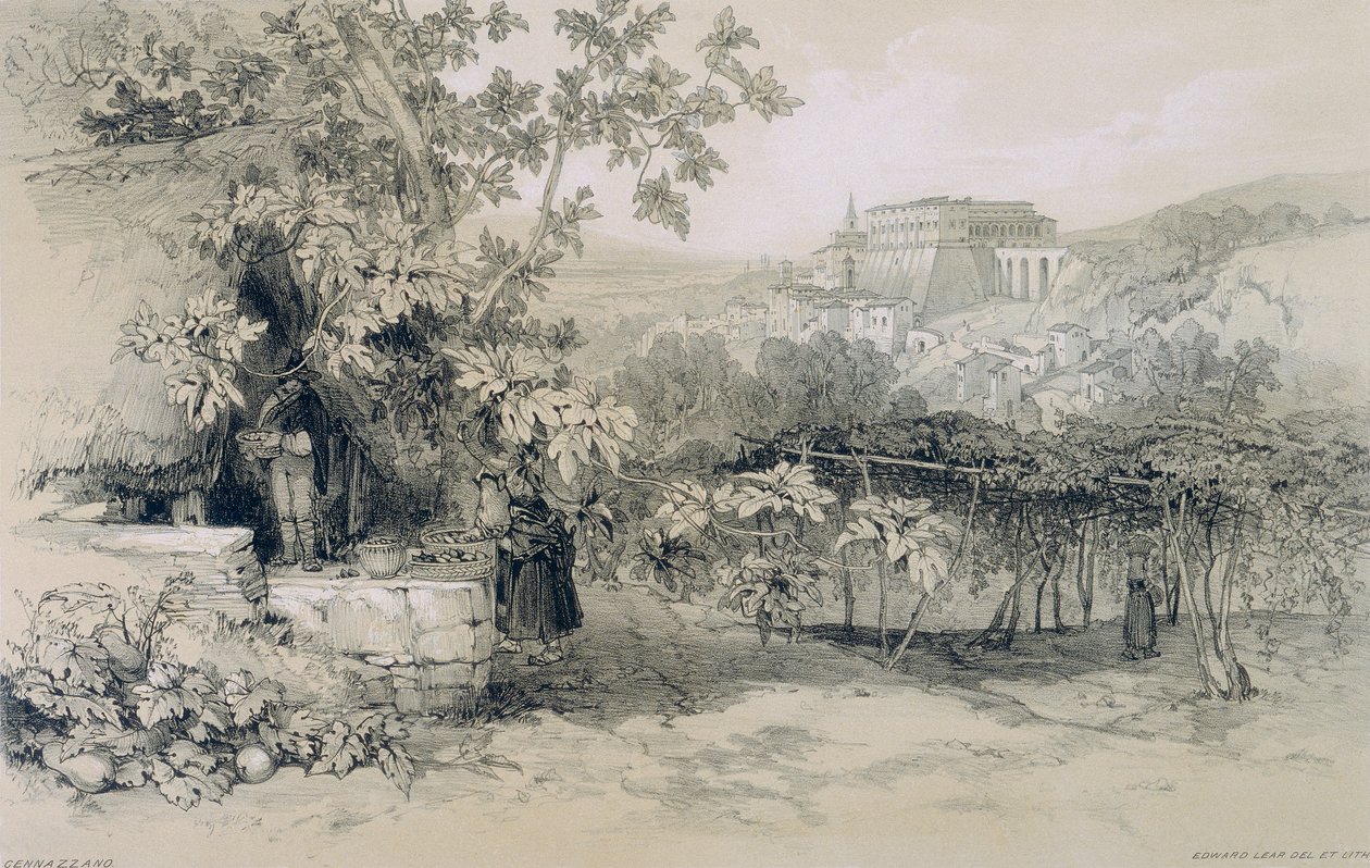 Ansichten von Rom und seiner Umgebung: Blick auf Gennazzano mit der Stadt und dem Palast von Colonna von Edward Lear