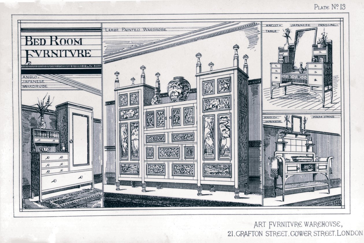 Schlafzimmermöbel aus dem Art Furniture Warehouse, Platte 13, Godwin Edward William, 1876, Hersteller Watt W von Edward William Godwin