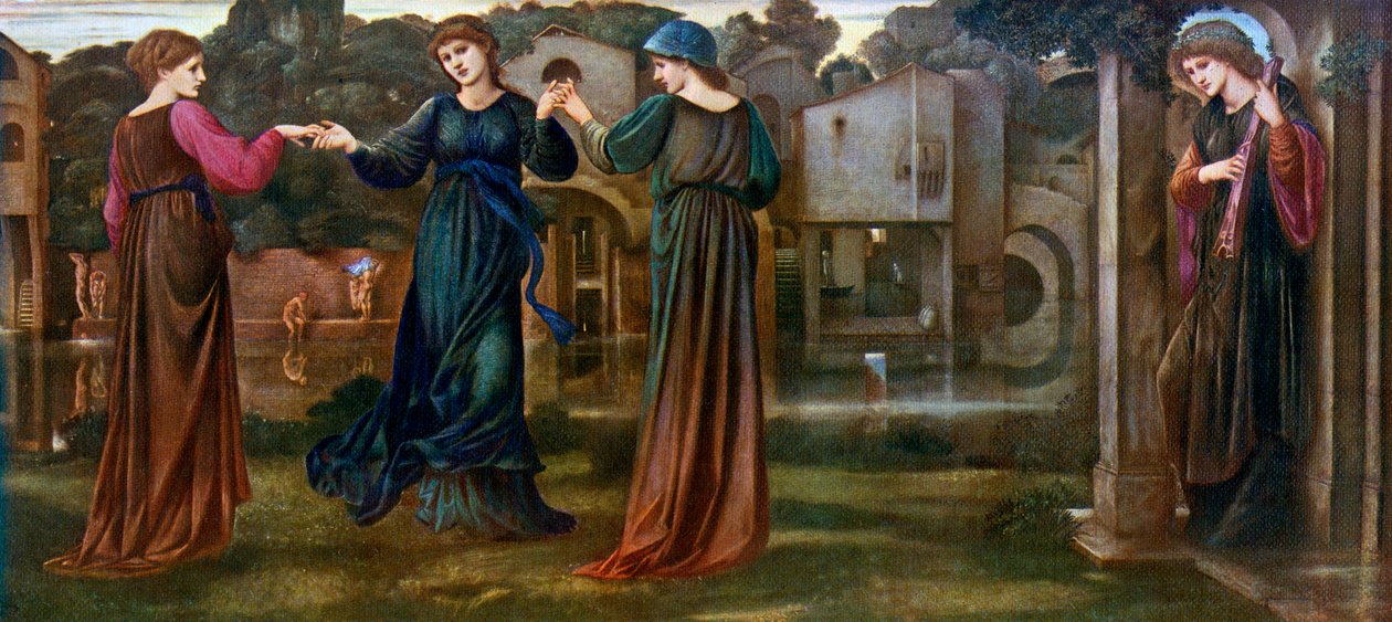 Die Mühle, Mädchen tanzen zu Musik an einem Fluss, 1870, 1912 von Edward Burne Jones
