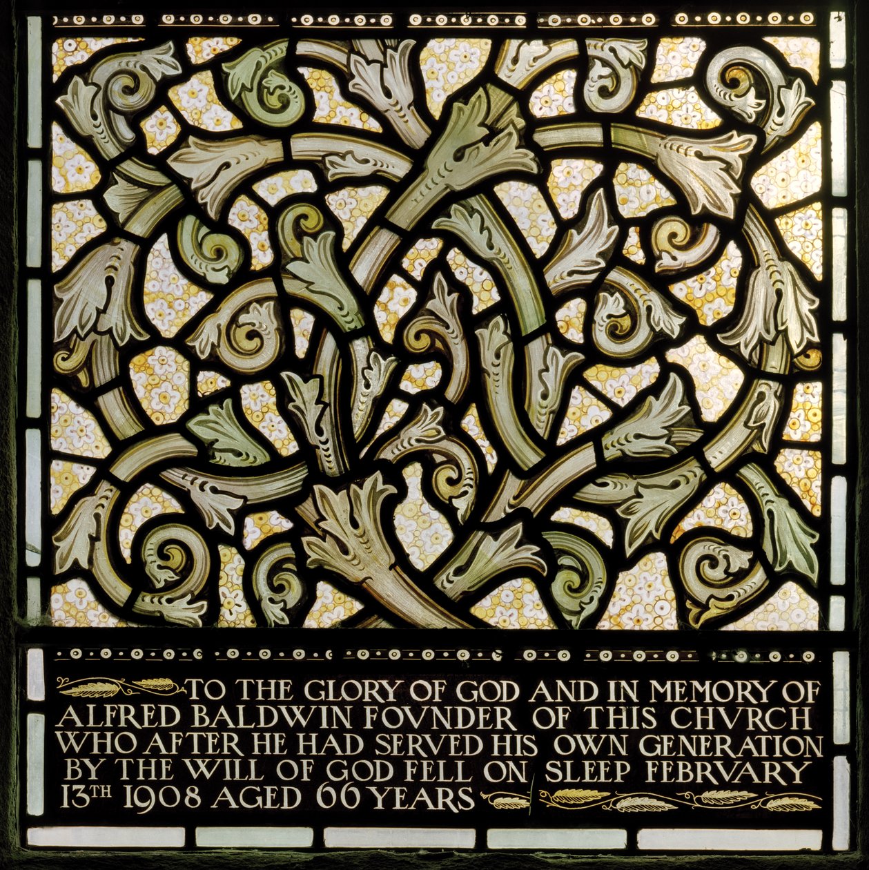 Widmung an Alfred Baldwin aus dem Joshua-Fenster (1902-1914) von Edward Coley and Dearle Burne Jones