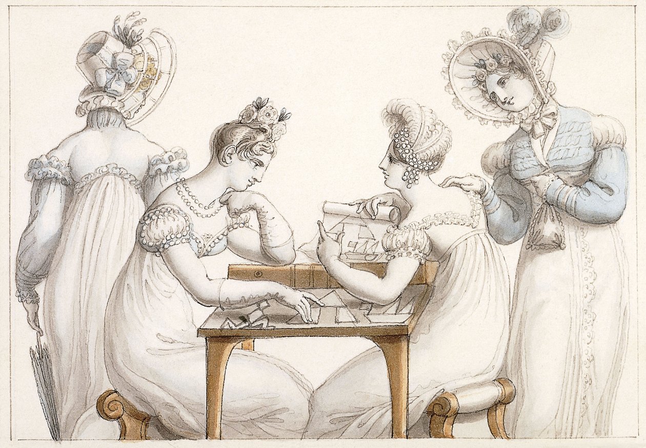 Damen schneiden Silhouetten aus und Damen unterhalten sich in einem Interieur von Edward Francis Burney