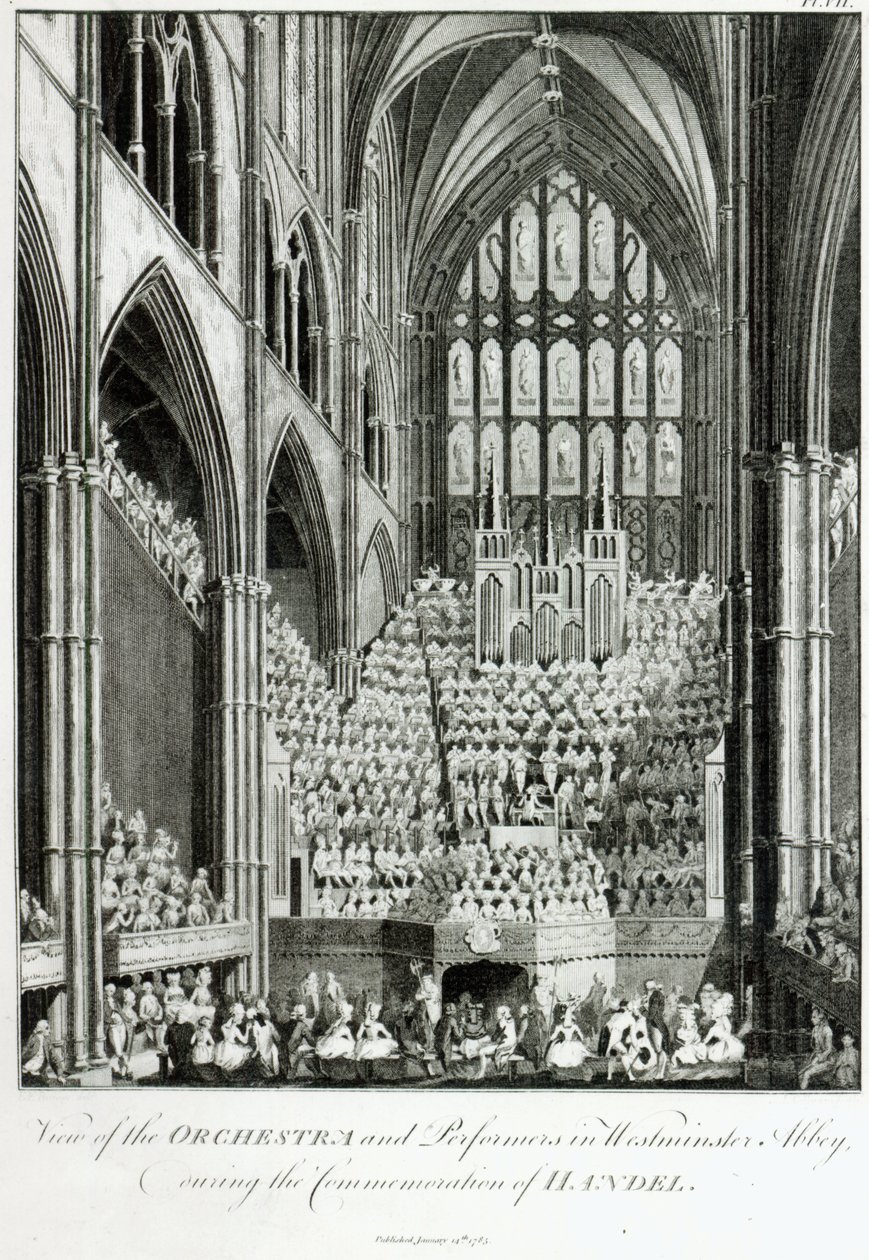 Ansicht des Orchesters und der Darsteller in der Westminster Abbey während der Gedenkfeier für Händel, veröffentlicht von Charles Burney, 1785 von Edward Francis Burney