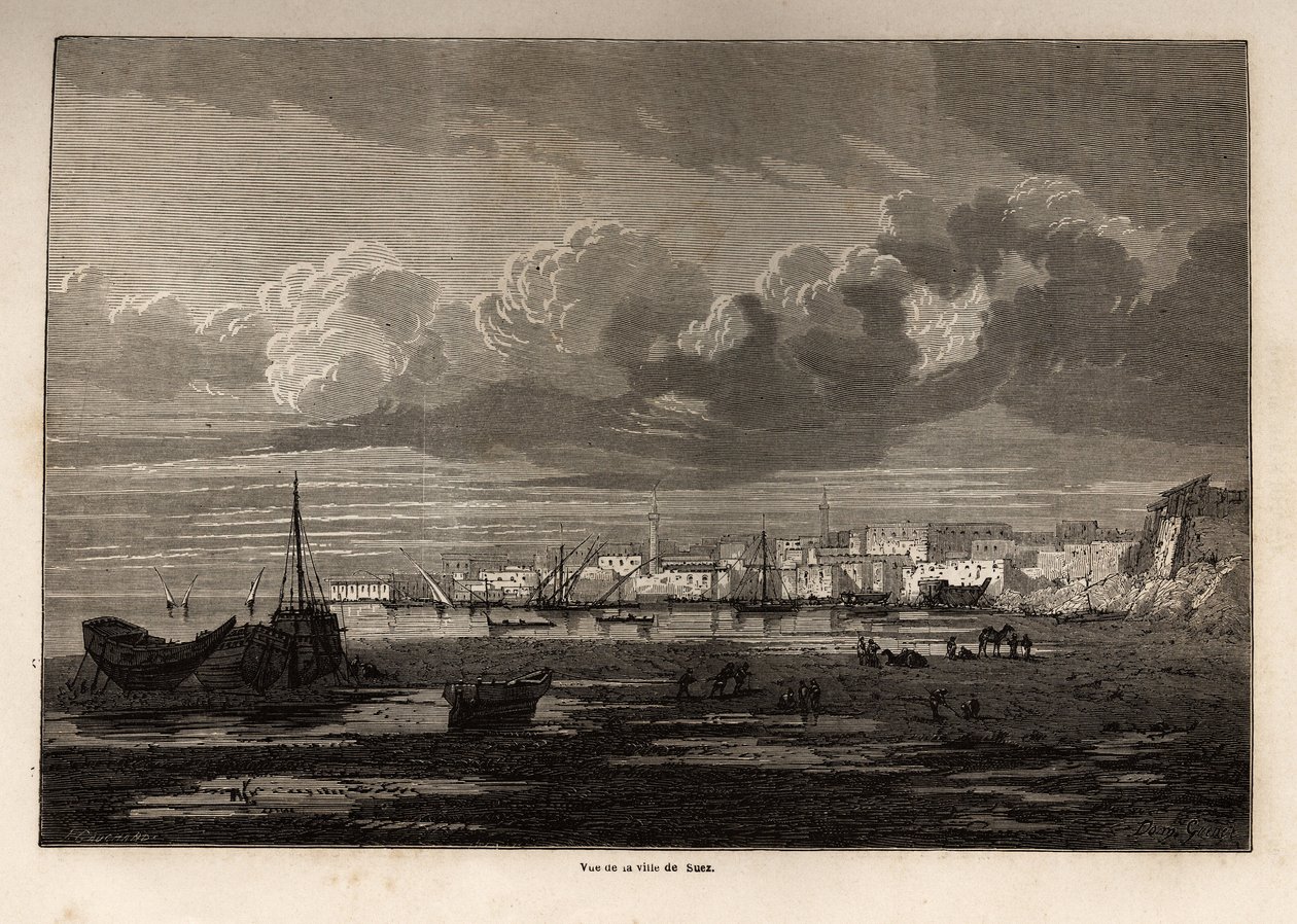 Ansicht der Stadt Suez (Ägypten), Zeichnung von Grenet zur Illustration eines Ausflugs zum Suezkanal im Jahr 1862 von Paul Merruau. Gravur in „Le tour du monde“, herausgegeben von Edouard Charton von Edward Grenet