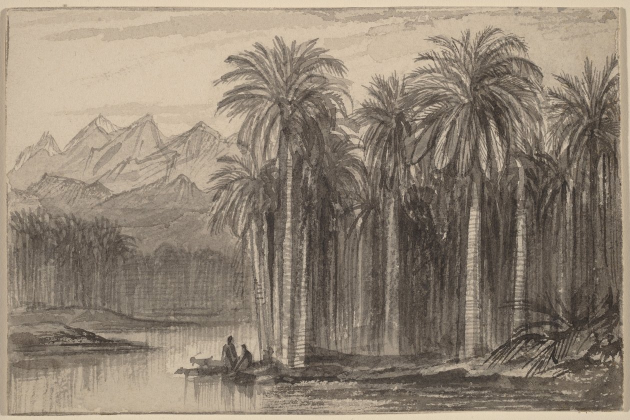 Figuren, die in Kanus aus einem Palmengarten aufbrechen (Wady Feiran) von Edward Lear