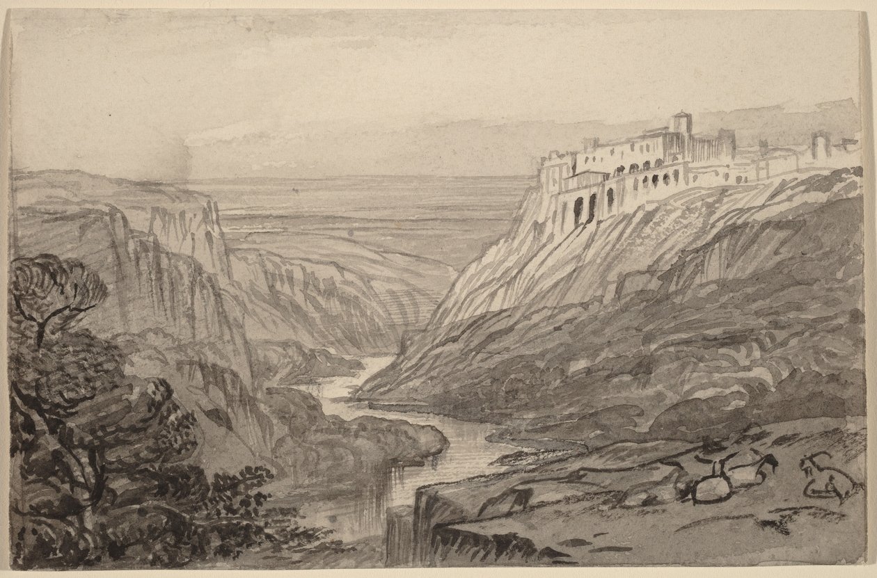 Ziegen ruhen über einer Flussschlucht (Narni, Italien) von Edward Lear