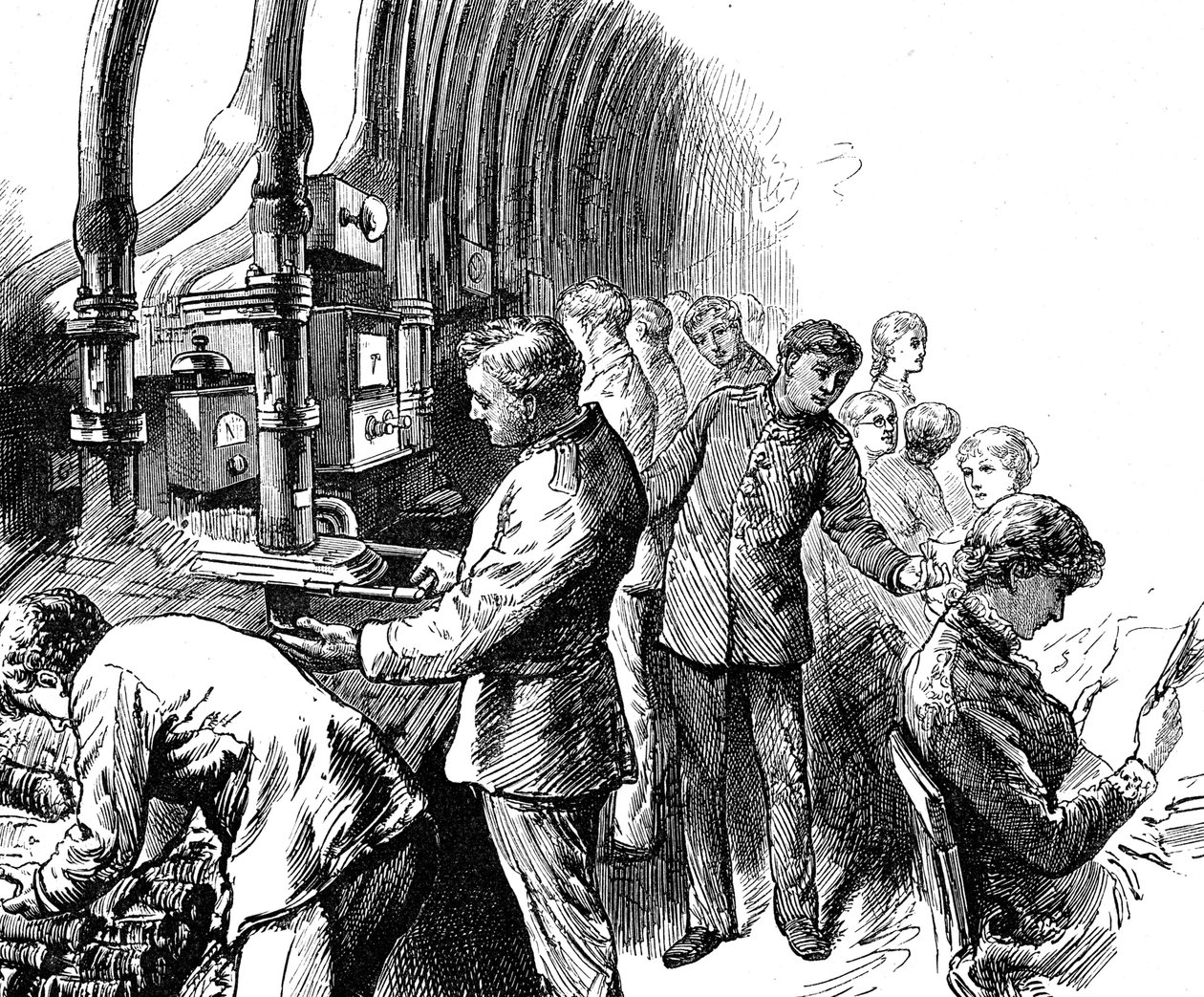 Gravur, die den pneumatischen Versand zeigt, den das General Post Office zur Beförderung von Paketen unter London verwendete von Edward Linley Sambourne