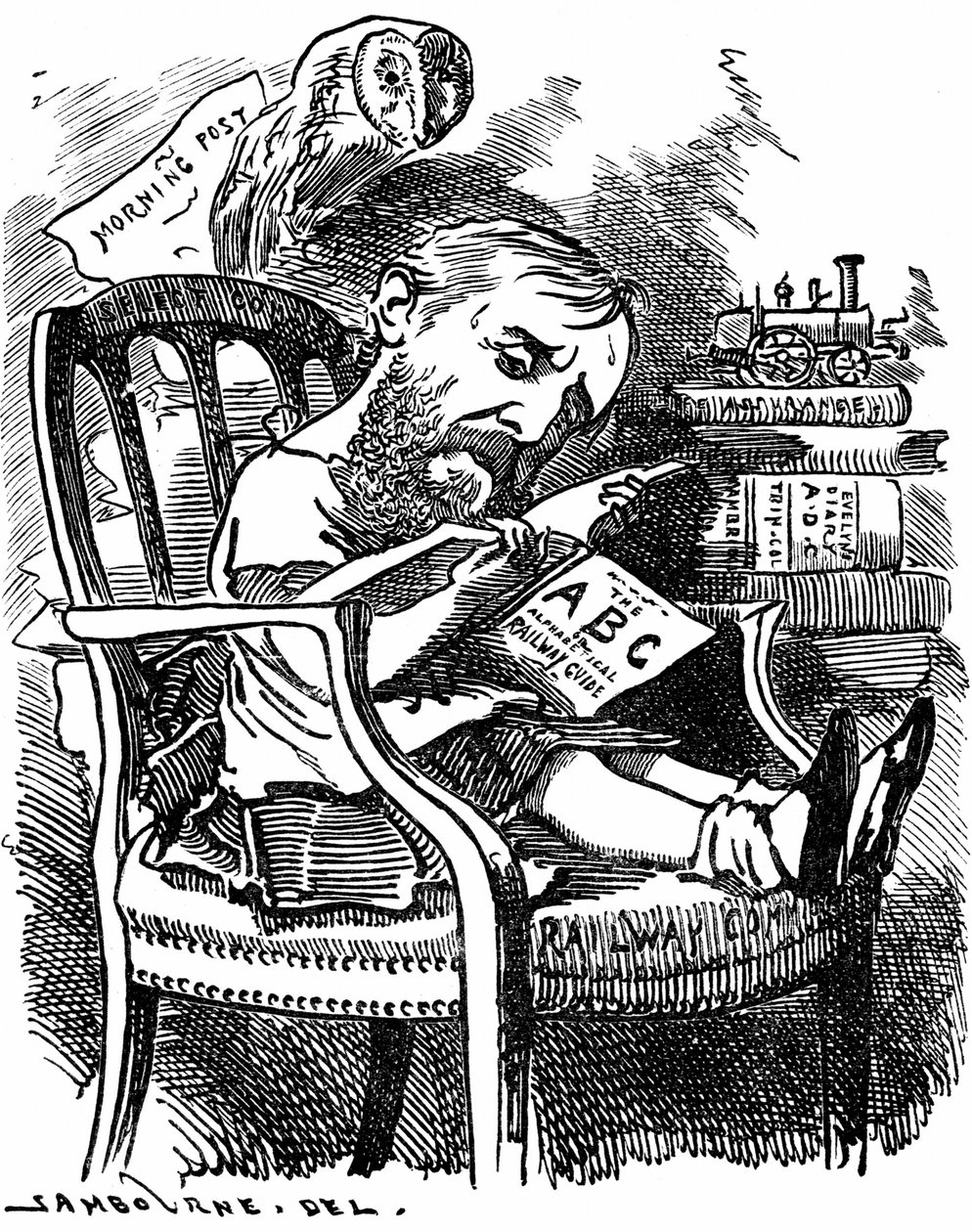 Evelyn Ashley (1836-1907) englischer Autor und liberaler Politiker: Sohn des 7. Earl of Shaftesbury. Karikatur von Edward Linley Sambourne in der Serie Fancy Portraits aus Punch London April 1881, als Ashley Unterstaatssekretär im Handelsministerium war. von Edward Linley Sambourne