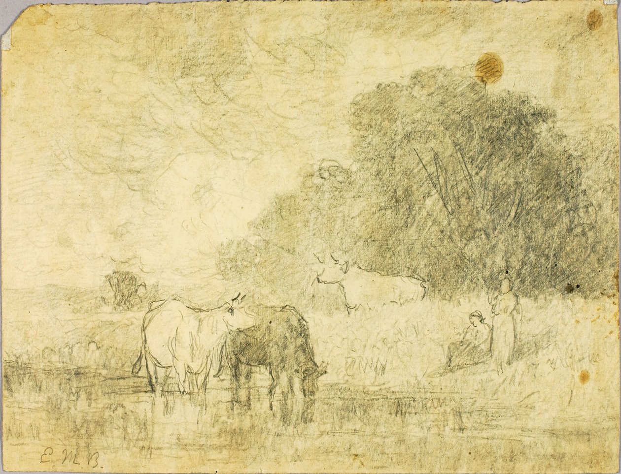 Landschaft mit Kühen am Teich, zwei Figuren von Edward Mitchell Bannister