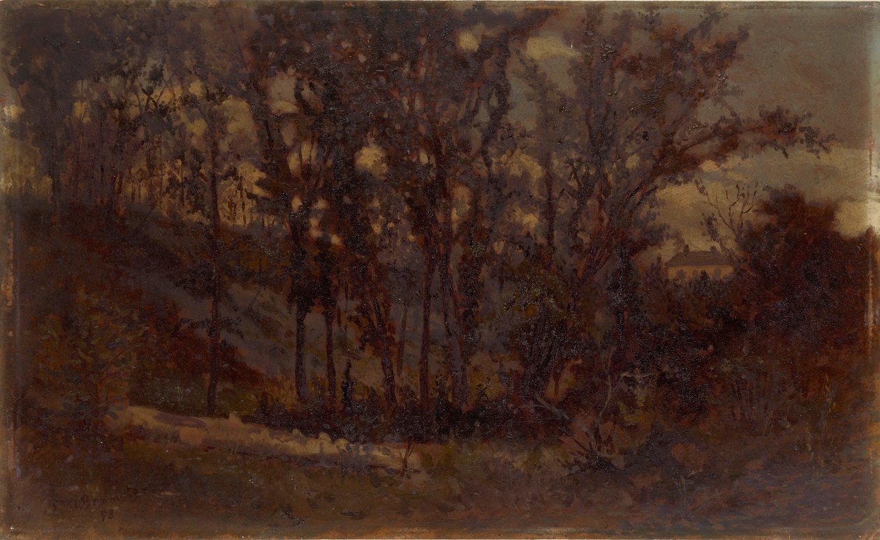 Ohne Titel (Waldszene, umgestürzter Baum im Vordergrund und Haus im Hintergrund) von Edward Mitchell Bannister