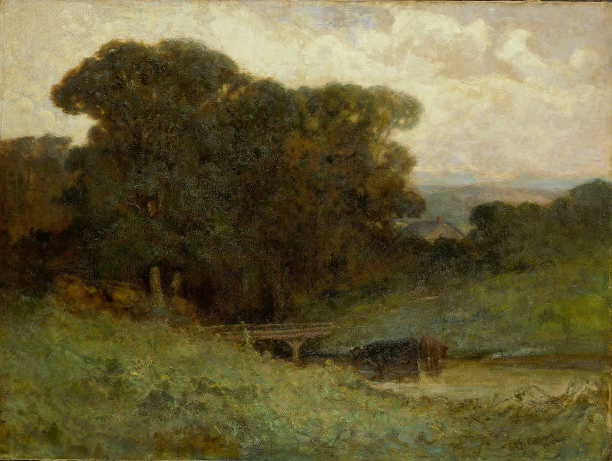 Ohne Titel (Waldszene mit Brücke, Kühe im Bach im Vordergrund) von Edward Mitchell Bannister