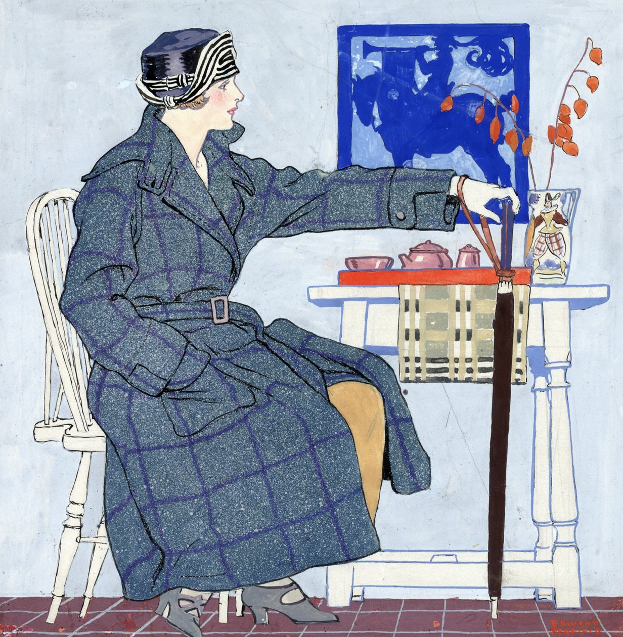 Eine junge Frau sitzt neben einem Tisch und hält einen Regenschirm von Edward Penfield