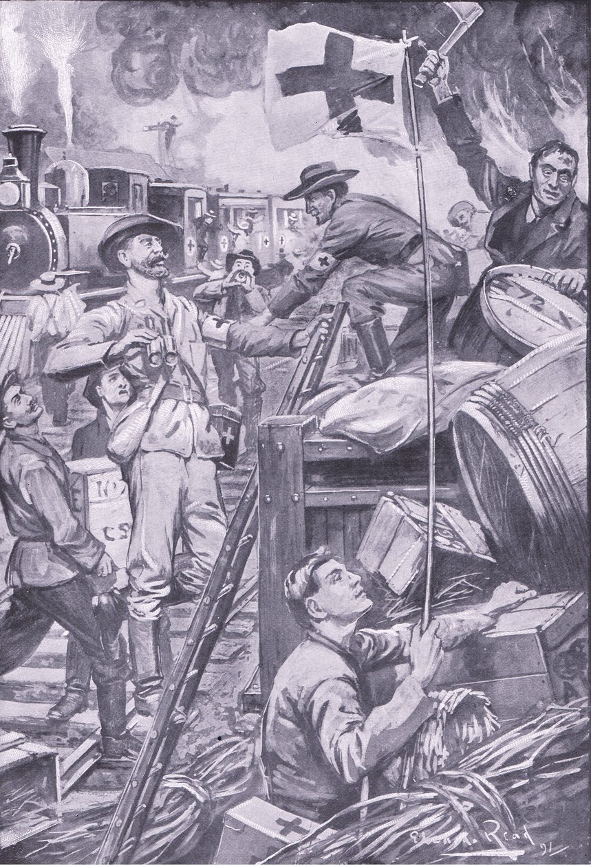 Falsche Sanitäter zerstören Vorräte bei Komati Foort unter dem Schutz der Rotkreuzflagge, Illustration aus After Pretoria: The Guerilla War, 1902 von Edward Read