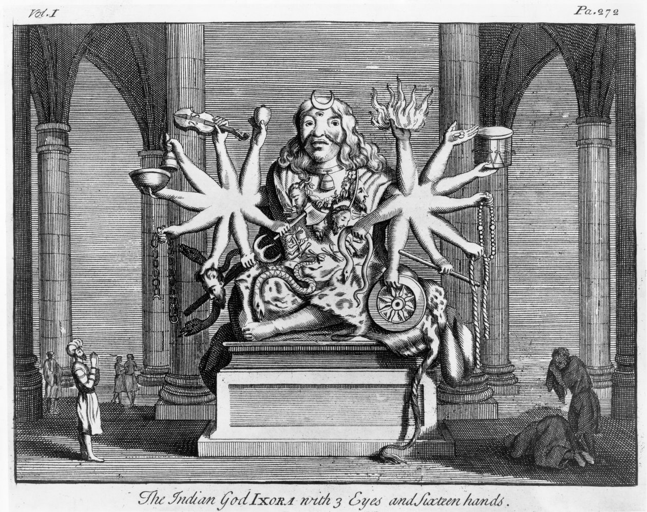 Der indische Gott Ixora mit 3 Augen und sechzehn Händen, ca. 1780 von Edward Rooker