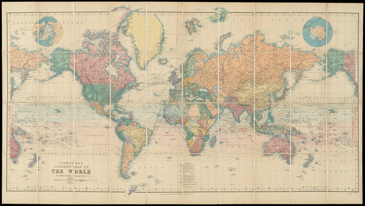 Stanfords Bibliothekskarte der Welt auf Mercator-Projektion von Edward Stanford