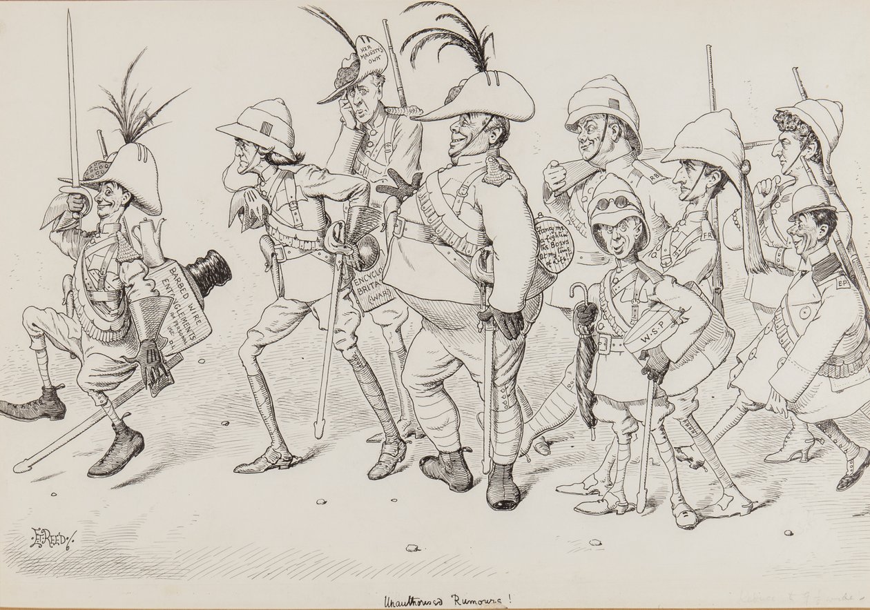 Dan Leons Leichte Kavallerie, einschließlich Karikaturen von Henry Irving, Beerbohm Tree, R.B., W.S. Penley, Forbes Robertson und E.P., für Punch, November 1902 von Edward Tennyson Reed