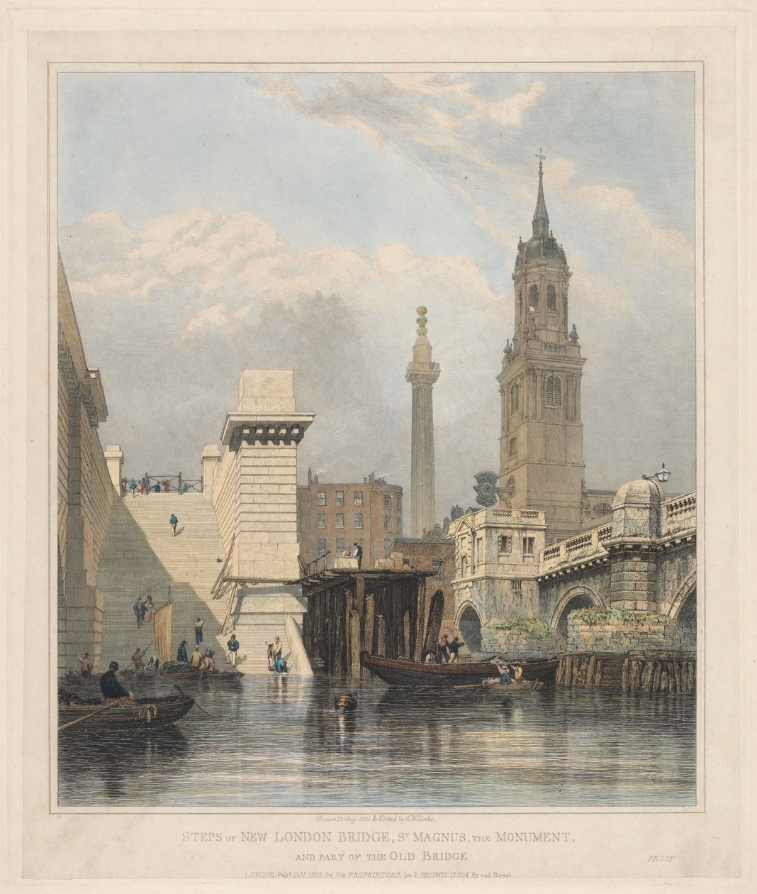 Stufen der neuen London Bridge, St. Magnus, das Monument und Teil der alten Brücke von Edward William Cooke