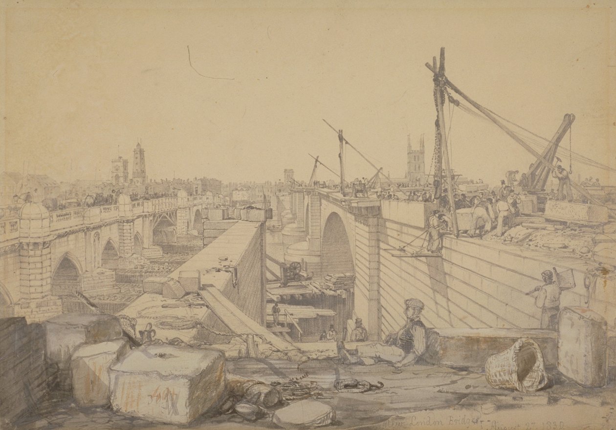 Der Bau der London Bridge, 1830 von Edward William Cooke