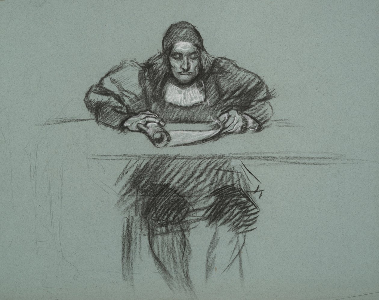 Figur für den Prozess von Königin Katherine. Schreiber am Schreibtisch von Edwin Austin Abbey