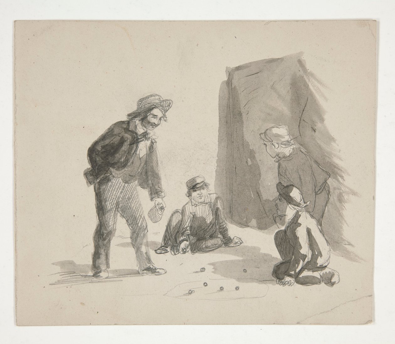 Vier Jungen spielen Murmeln (recto); Unidentifizierte Illustration eines Jungen am Staffelei im Innenraum (verso) von Edwin Austin Abbey
