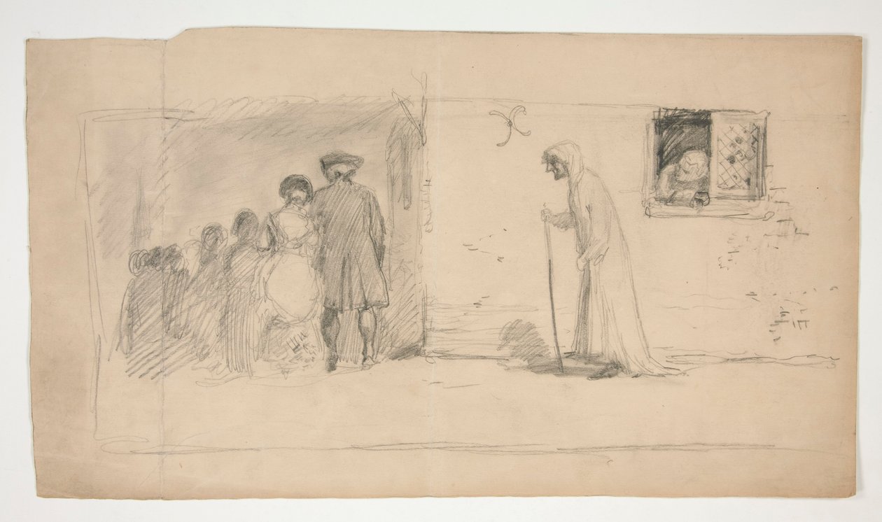 Gruppe von Figuren vor einem Steinhaus - nicht identifizierte Illustration von Edwin Austin Abbey