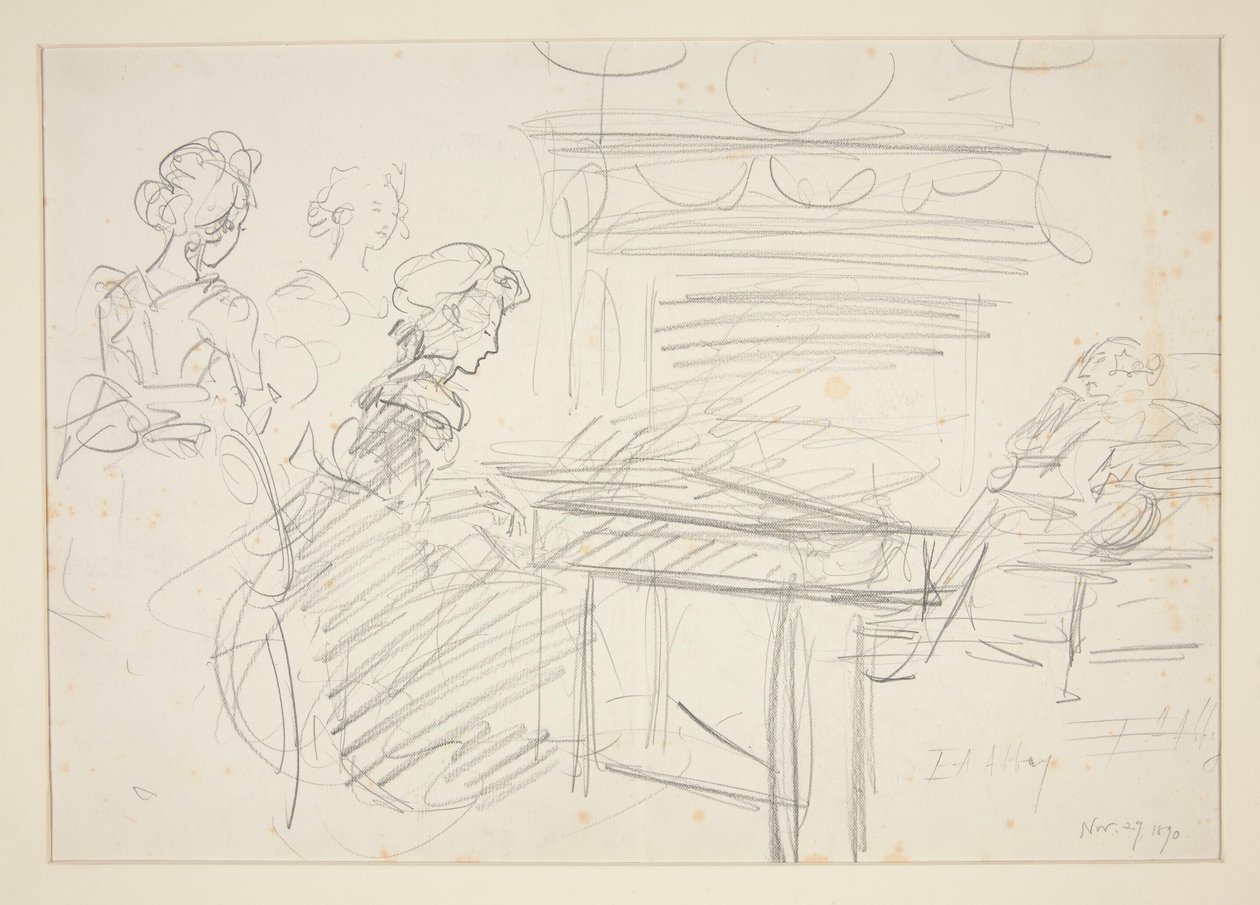 Innenszene: Frau am Klavier und Familie - nicht identifizierte Illustration von Edwin Austin Abbey