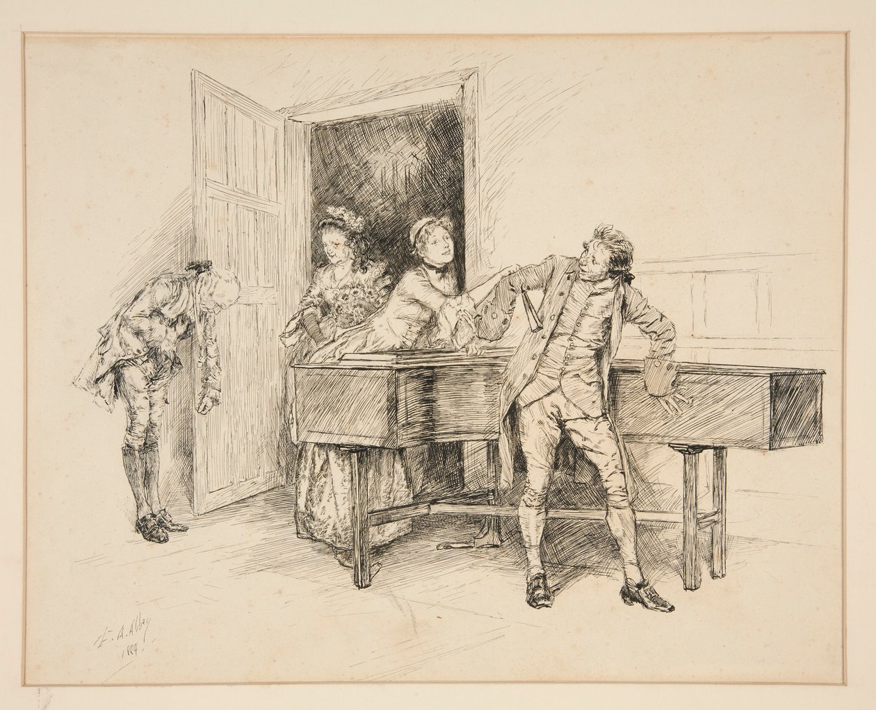 Nan und Klavier, Illustration für Oliver Goldsmith von Edwin Austin Abbey