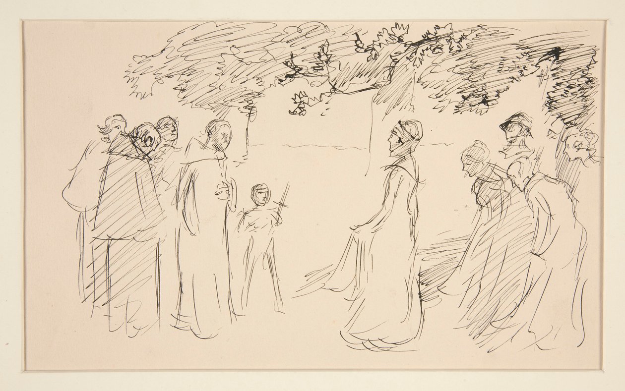 Menschen in mittelalterlicher Kleidung, draußen - nicht identifizierte Illustration von Edwin Austin Abbey