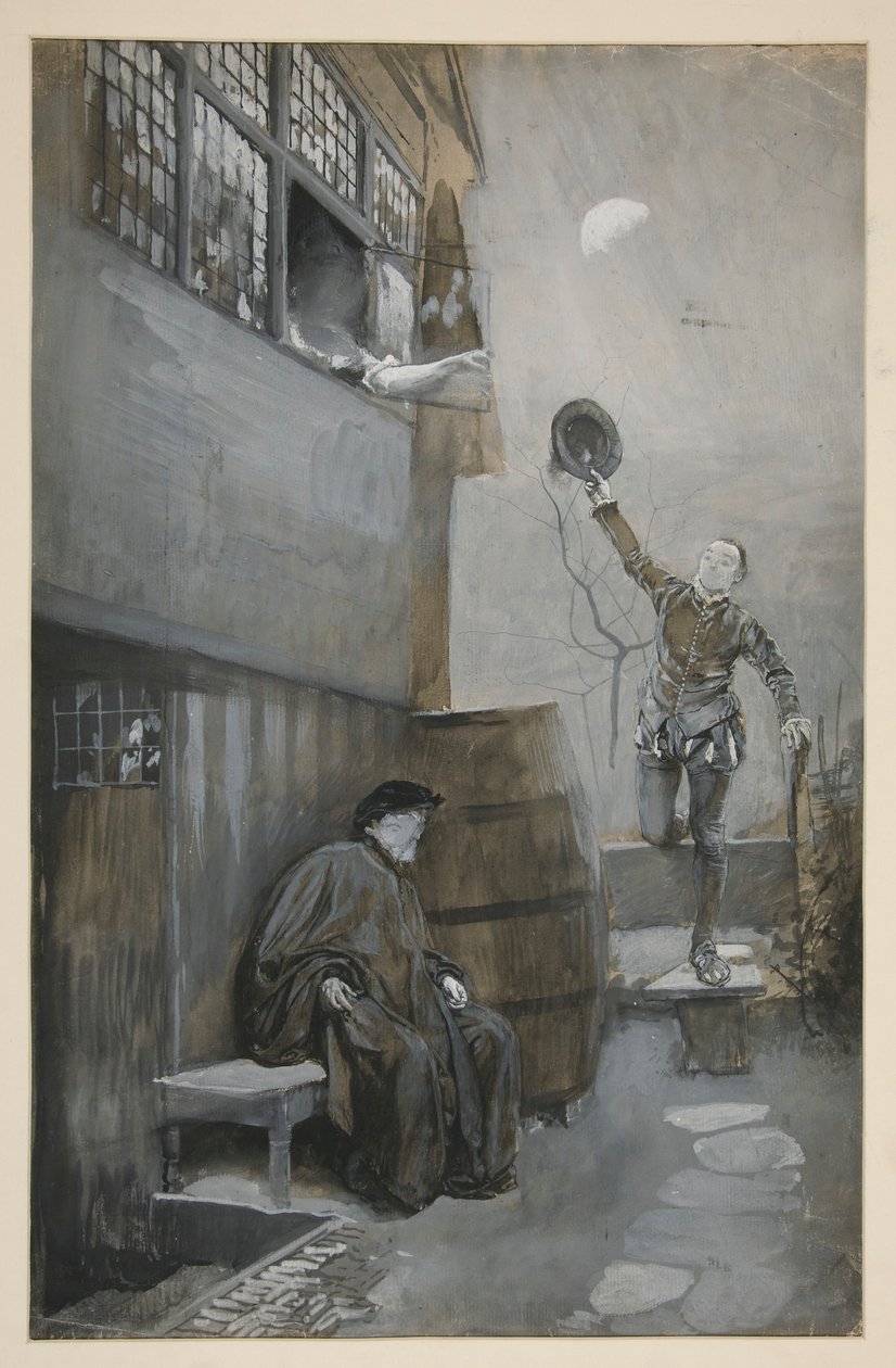 Skizze für nächtliches Rendezvous - 3 Figuren: zwei männlich, eine weiblich von Edwin Austin Abbey