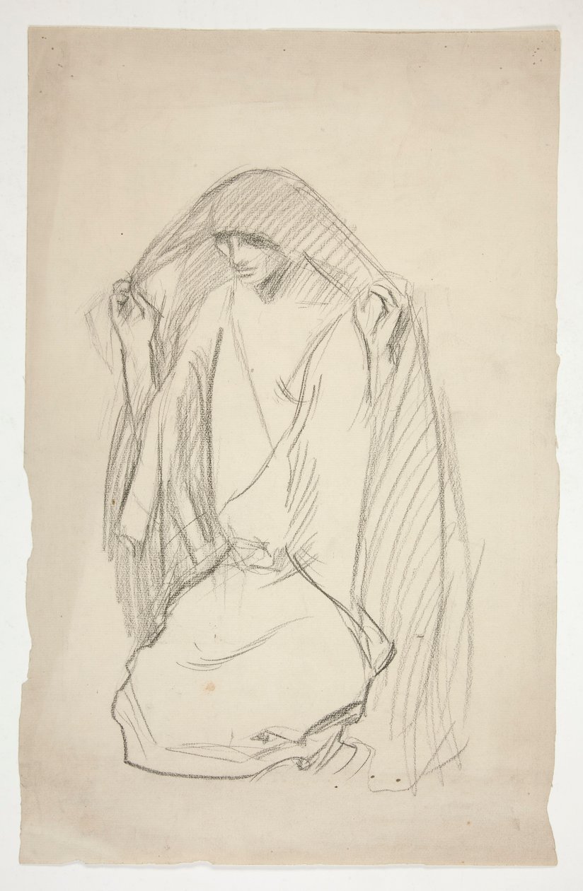 Skizze einer verhüllten weiblichen Figur im Gebet für Drei Marien am Kreuz von Edwin Austin Abbey