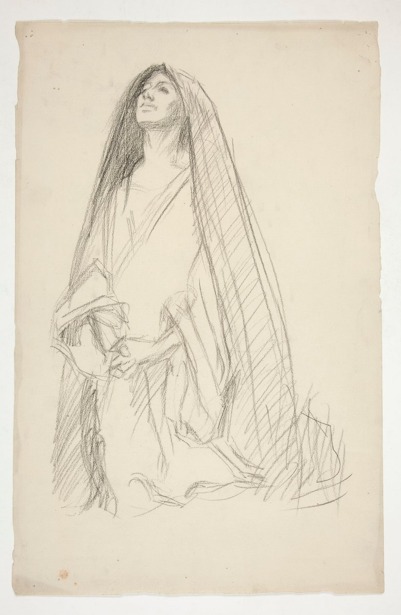Skizze einer verhüllten weiblichen Figur im Gebet für Drei Marien am Kreuz von Edwin Austin Abbey