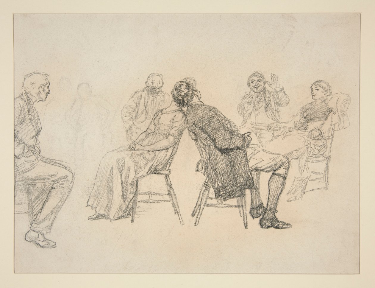 Skizze eines Paares, das ein Spiel spielt, umgeben von Zuschauern, in einem Innenraum (?) - nicht identifizierte Illustration von Edwin Austin Abbey