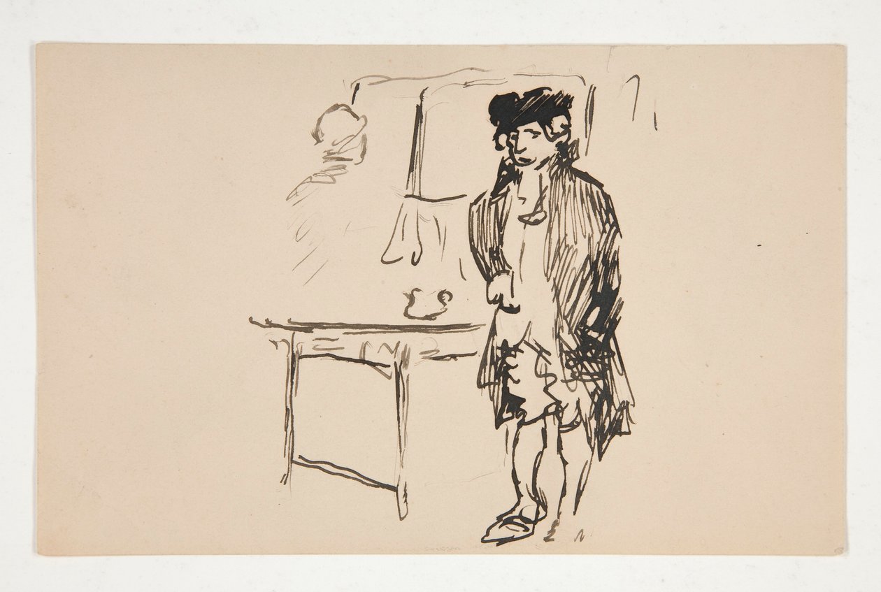 Skizze eines Mannes in Revolutionskleidung neben einem Tisch von Edwin Austin Abbey