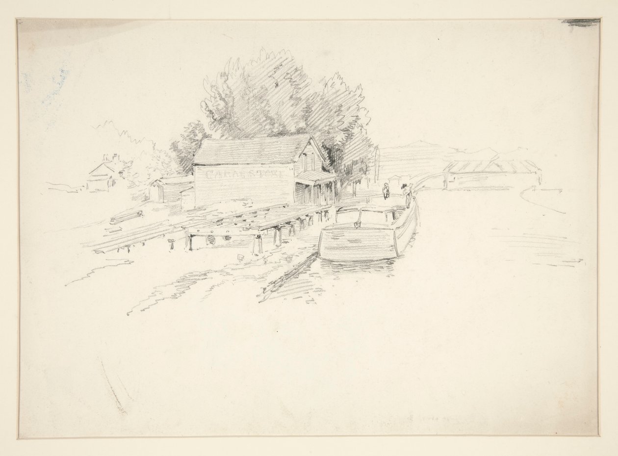 Skizze eines Piers mit Fischerboot und Hafenspeicher von Edwin Austin Abbey