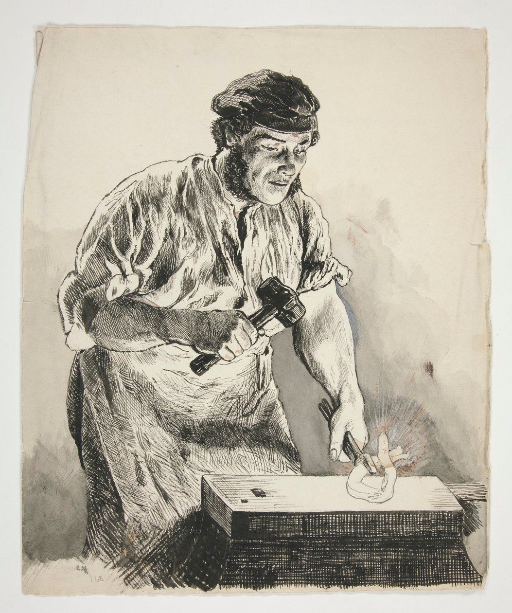 Studie eines Schmieds, der Eisen hämmert - nicht identifizierte Illustration von Edwin Austin Abbey