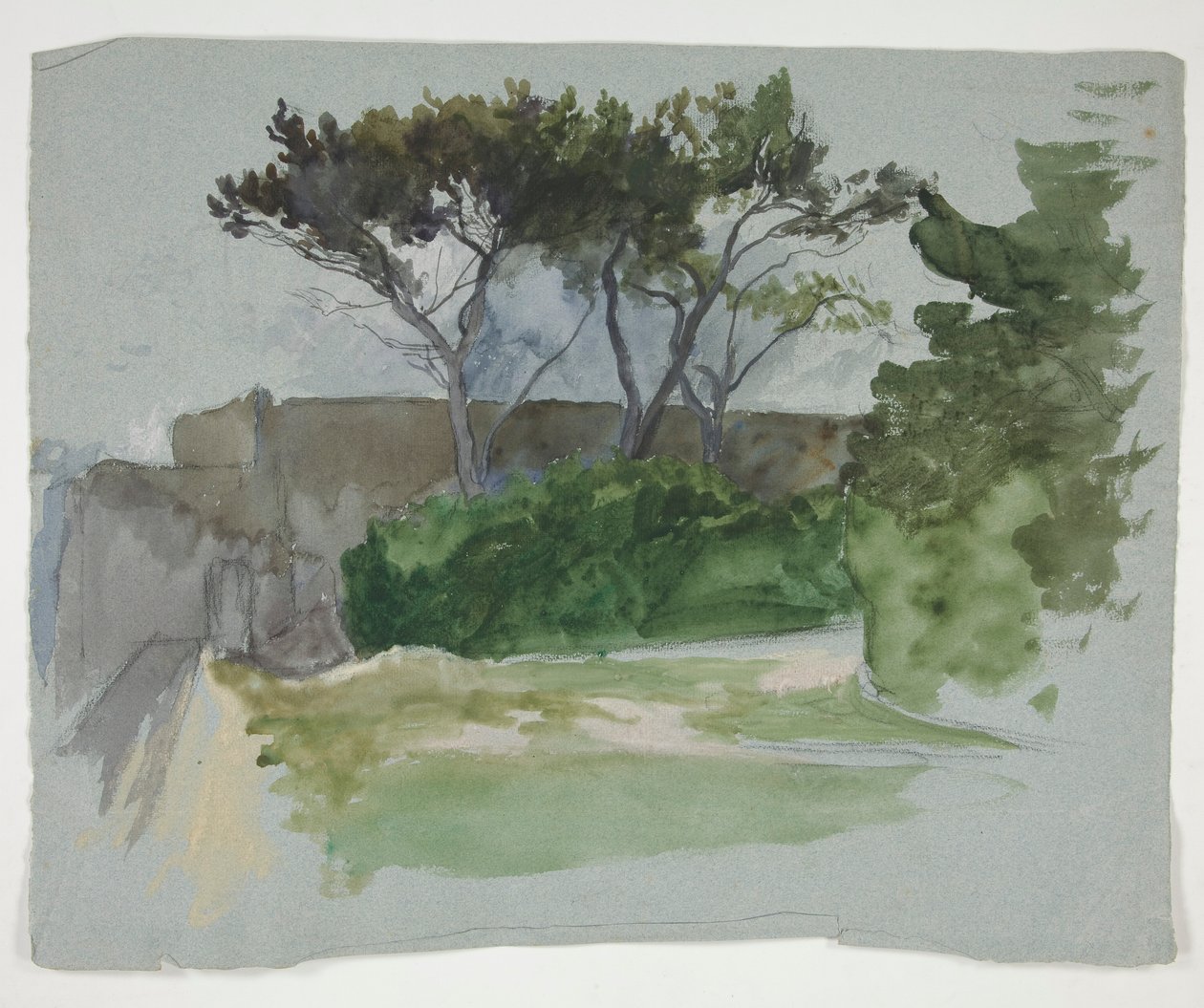 Studie einer Landschaft mit Bäumen und Steinmauer von Edwin Austin Abbey