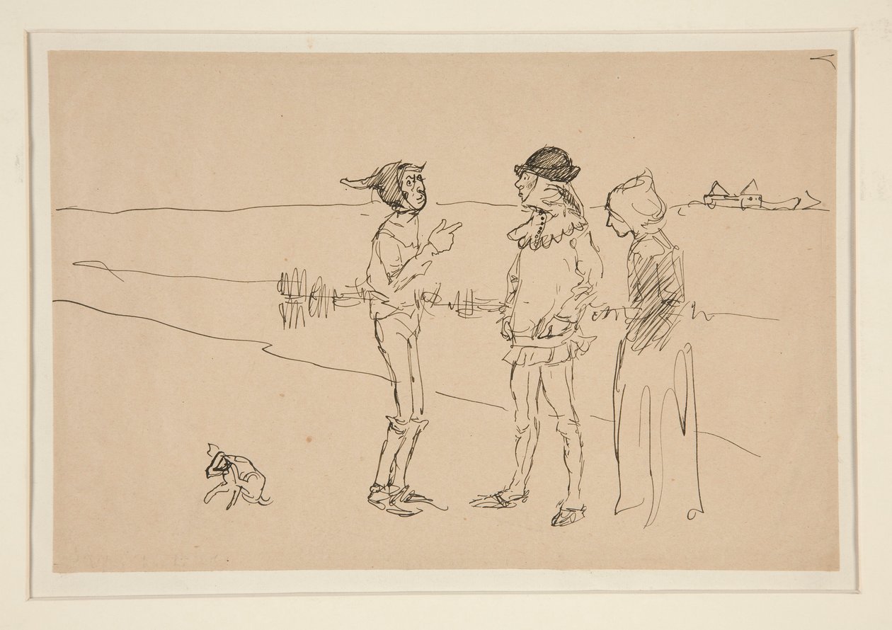 Studie von zwei Männern, einer Frau und einem Hund, aus Liebe von Edwin Austin Abbey