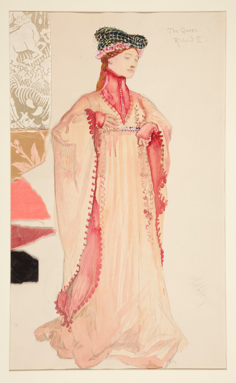Die Königin (in Pink), Kostümskizze für Henry Irving von Edwin Austin Abbey