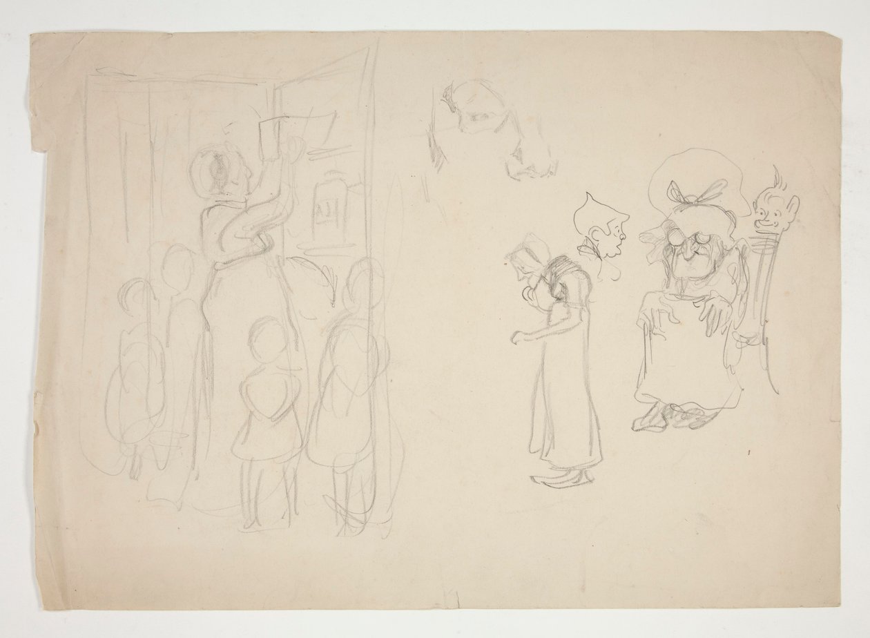 Frau mit Kindern und Karikatur - nicht identifizierte Illustration von Edwin Austin Abbey